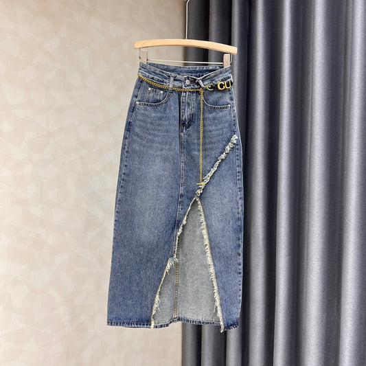 Cotton denim skirt female 2022 new temperament thin all-match splicing raw edge slit high waist bag hip dress