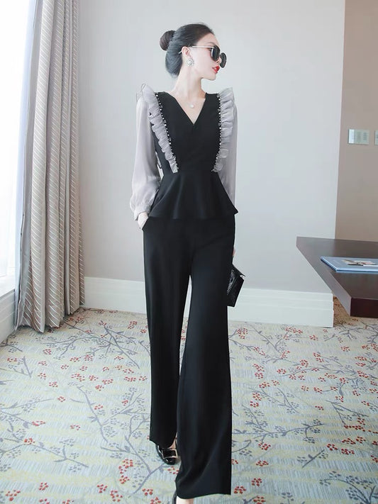 Temperament ladies autumn clothes 2022 new women's suits ruffled stitching tops suits pants fashion two-piece suits 1493