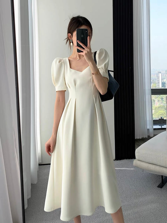 Guoge custom white dress female 2022 summer new square neck puff sleeves waist slim and gentle wind long skirt