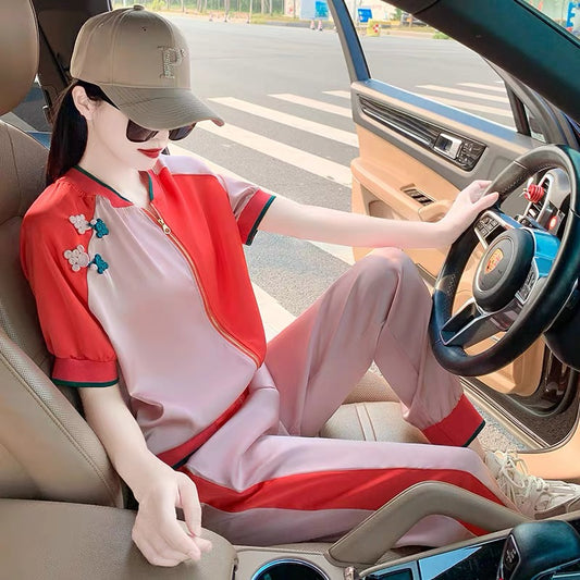 2022 high-end women's high-end casual fashion suits thin section age-reducing net red fried street sports sunscreen two-piece suit 1678