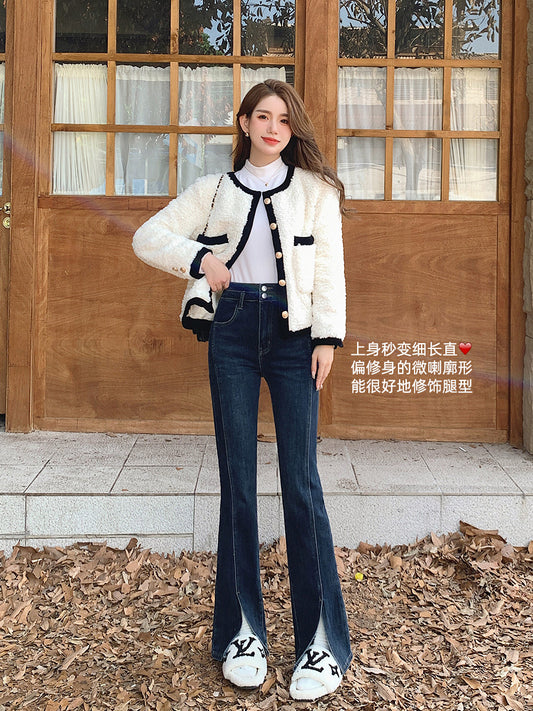 Mrs. Island Song's micro-bell-bottom pants slit jeans women's spring 2023 new high waist slimming slim design sense