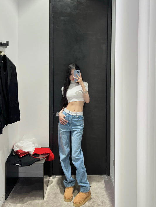 FBB limit early spring new blue casual straight jeans waist stitching fashionable all-match trousers women