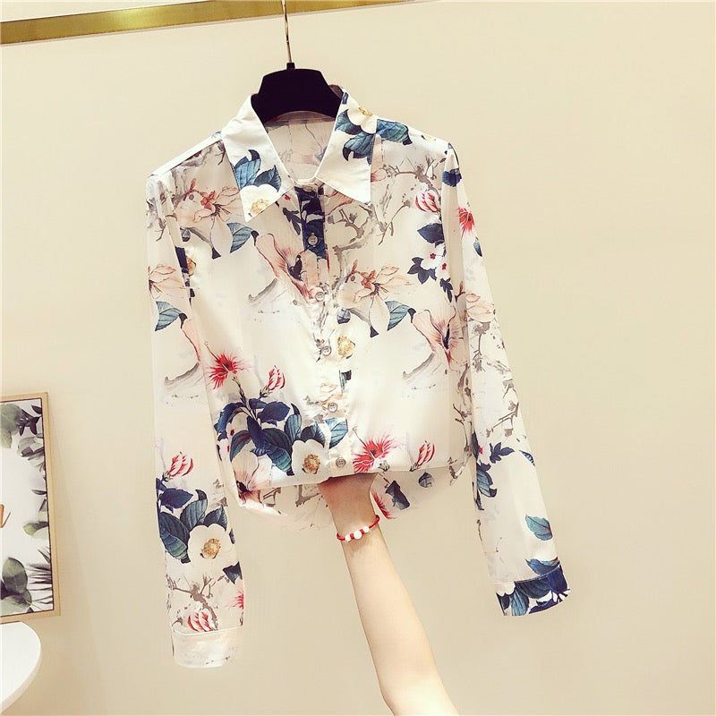 Heavy fashion foreign style printed shirt women's early autumn new temperament long-sleeved slim chic top plus size all-match trendy