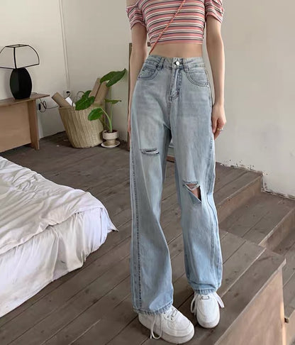 Niche fried street jeans women's thin summer high waist design wide leg pants loose mopping pants trousers pants trendy 1143