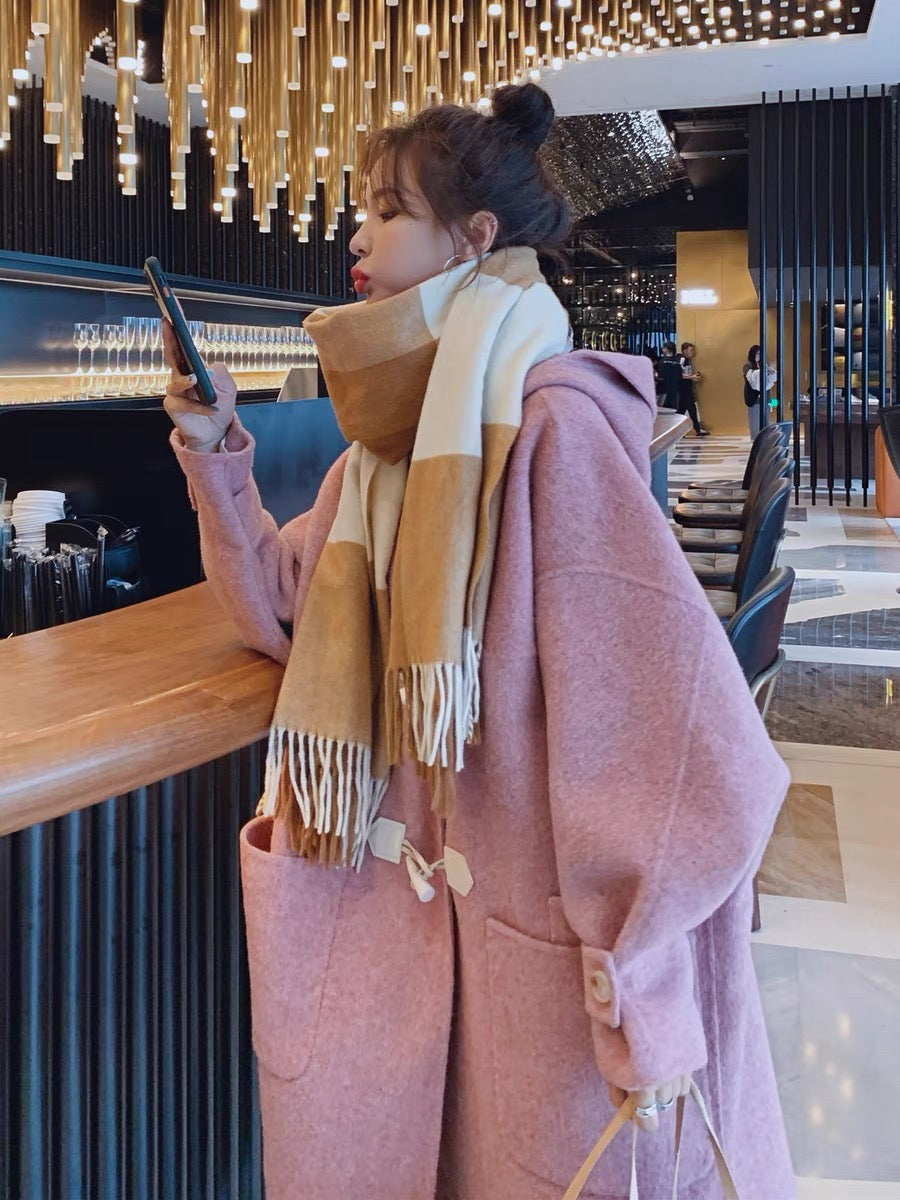 Pink cocoon-shaped woolen coat women's autumn and winter mid-length 2022 new Hepburn style fashion temperament woolen coat