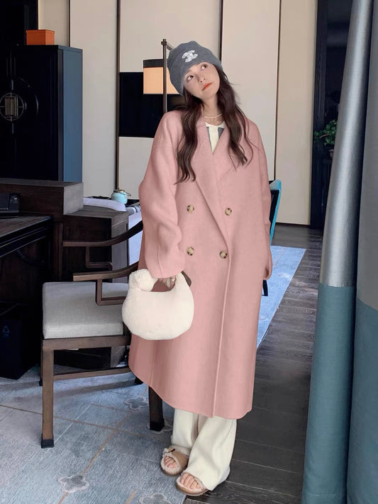 Pink double-sided cashmere coat women's winter 2022 new Korean high-end small man high-end woolen coat