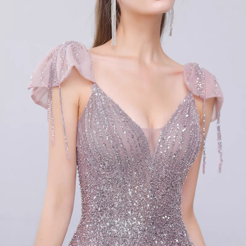 Pink purple V-neck one-shoulder high-end evening dress female 2022 new bridal banquet toast clothing annual meeting show