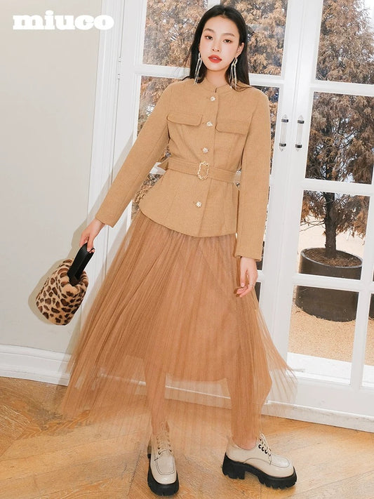 miuco celebrity style waffle waist short coat + mesh pleated skirt two-piece suit female 2022 spring