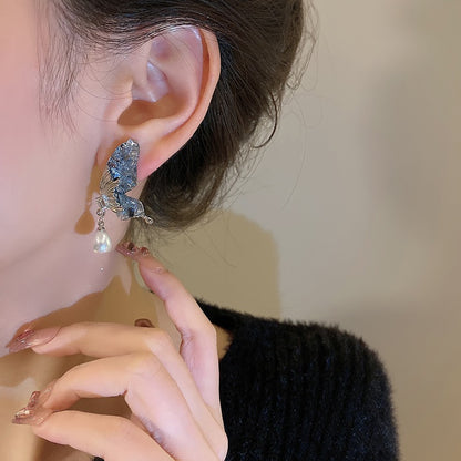 Super Fairy Butterfly Wings Pearl Earrings Women's Trendy Autumn and Winter Niche Design High-end Earrings Light Luxury Temperament Ear Jewelry