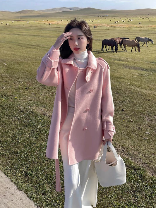 Pink woolen coat women's autumn and winter short section small man 2022 new waist high-end Korean milk sweet woolen coat