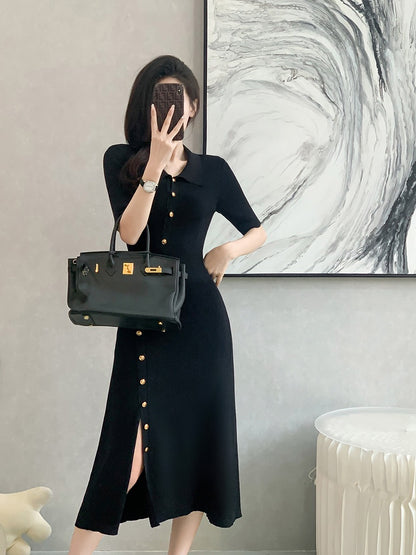 2023 summer new tea break French style polo collar black dress women's knitted short-sleeved design sense slit long skirt