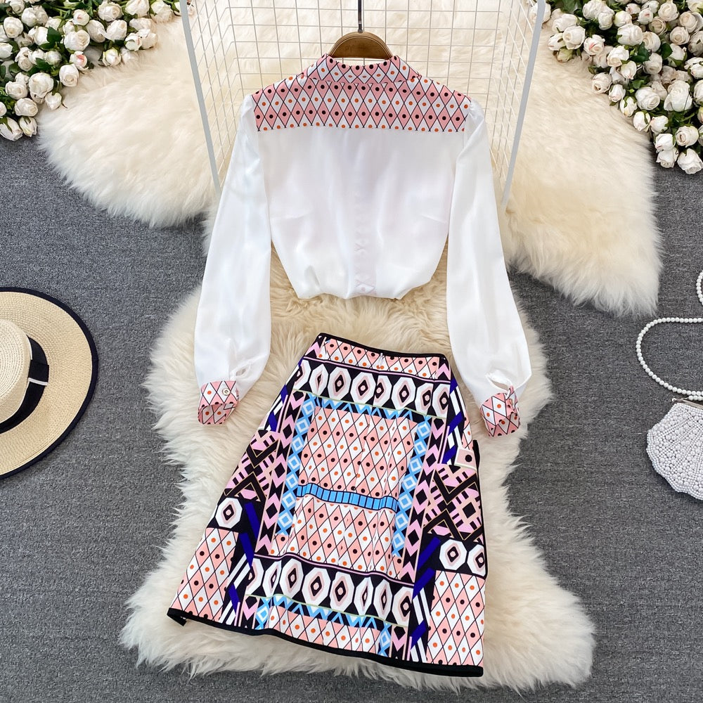 Fashion suit female celebrity temperament positioning printing loose long-sleeved shirt two-piece high waist skirt short skirt spring