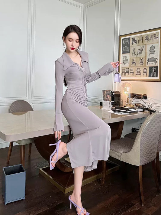 European station niche shirt slim dress high-end temperament celebrity goddess fan high-end hip-pack autumn long skirt 1544