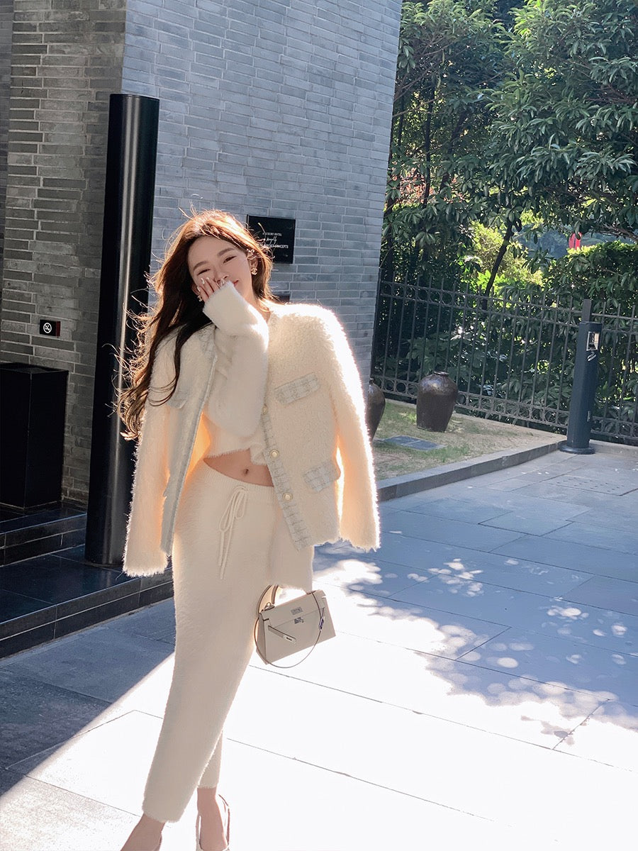 ByYou winter high-quality apricot imitation mink knitted sweater suit women's thickened long hip skirt two-piece set