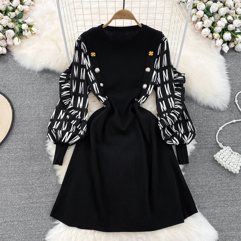 2023 Autumn New Fake Two-piece Contrasting Color Long Sleeve Covering Belly Showing Thin and Age-Reducing Temperament Round Neck A-Line Knitted Dress
