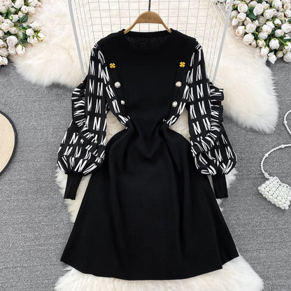 2023 Autumn New Fake Two-piece Contrasting Color Long Sleeve Covering Belly Showing Thin and Age-Reducing Temperament Round Neck A-Line Knitted Dress