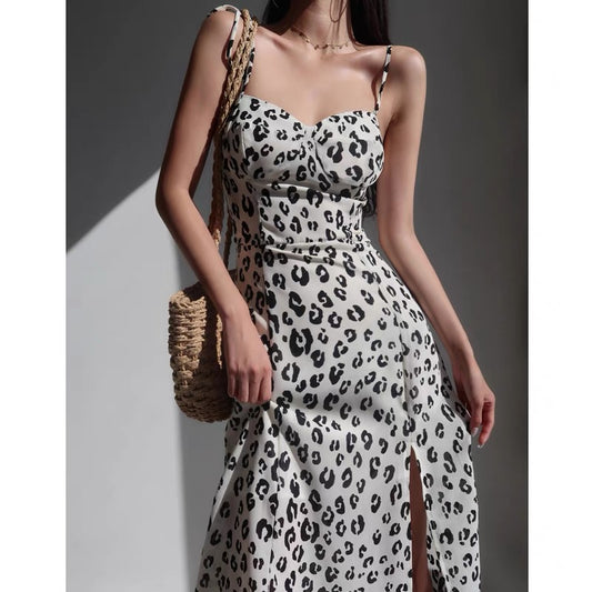 French niche sexy side slit slim fit retro tie suspender skirt women's holiday dress midi skirt