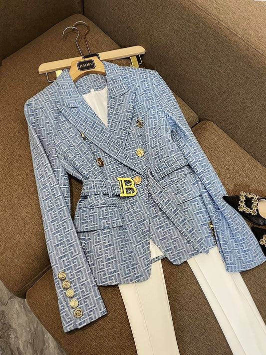 Women's commuter suit OL temperament intellectual shoulder pads elegant European and American cross-border jacket denim fabric jacquard B6971