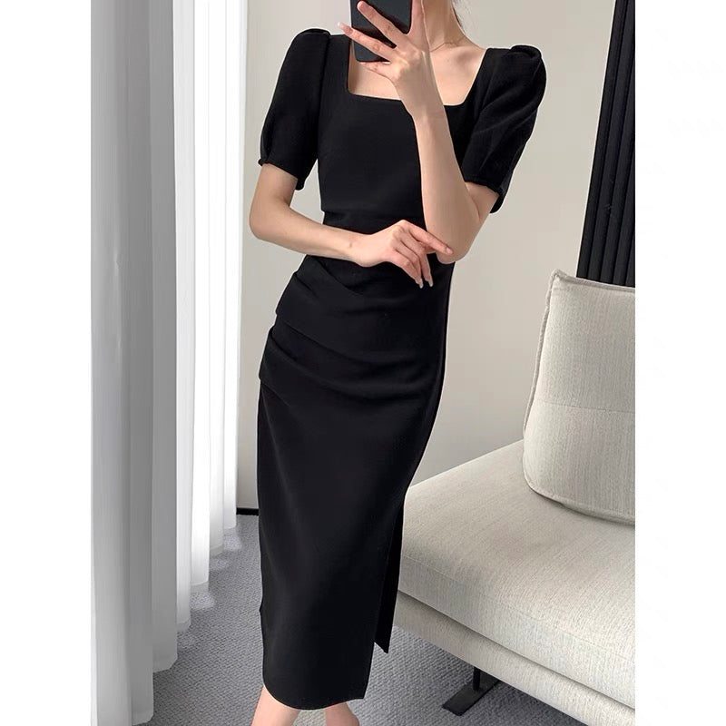 FT GUOGE black dress women's 2022 summer new waist slim French temperament Hepburn style square collar long skirt