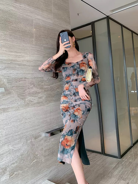 European station wrinkled bag hip floral skirt early autumn new women's temperament retro lady style sexy split dress 1548