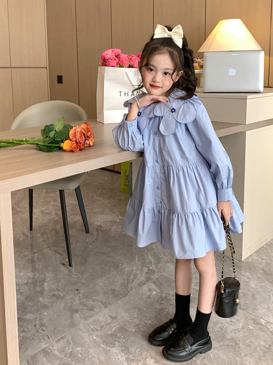 Original children's clothing girls cotton long-sleeved dress spring 2023 new big children's blue A-line shirt skirt