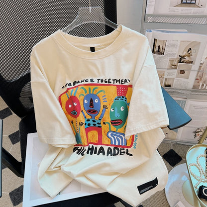 Apricot t-shirt women's summer loose cotton design sense niche half-sleeved chic fun cartoon print top ins tide