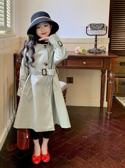 Original girls' children's clothing Korean version mid-length windbreaker spring clothing 2023 new children's British style big children's coat coat