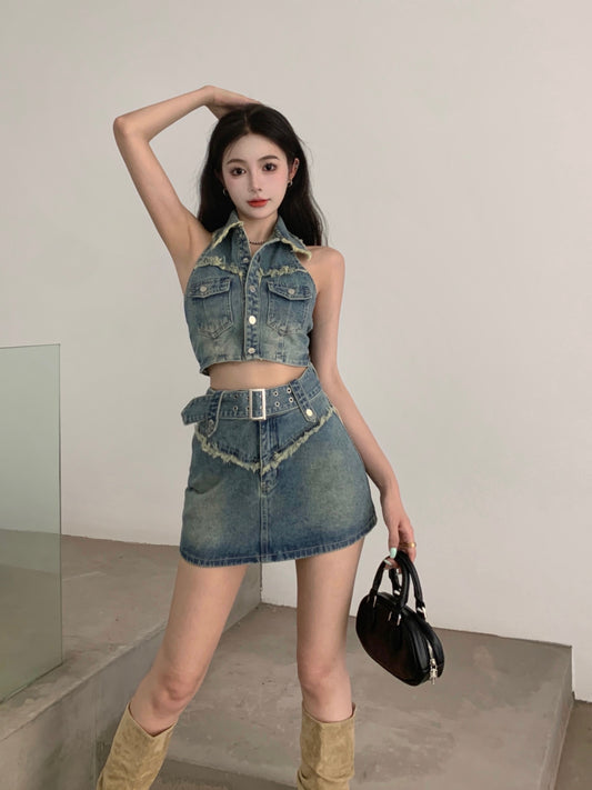 Denim Halter Neck Vest Female Summer Blue Retro Shaved Shoulder Sleeveless Babes Sexy Outerwear Short Tops