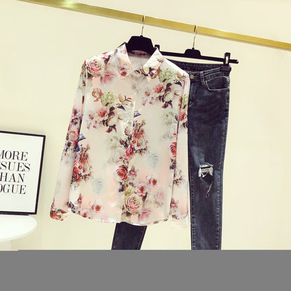 High-end sense shirt women's light luxury long-sleeved early autumn new European station fashion foreign temperament retro chiffon floral top