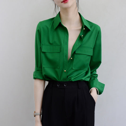 TRR shopkeeper recommends skin tone emerald green double pocket military style top BF style long-sleeved loose shirt for women