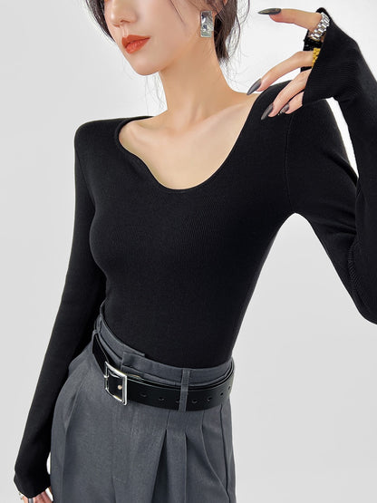 DOUBLE Z Irregular Wavy Neck Slim Slim Long-sleeved Knitwear Women's Autumn Chic Bottom Top