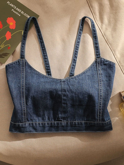 Retro denim cross camisole women's outerwear sexy beautiful back slim design sense niche short tube top top