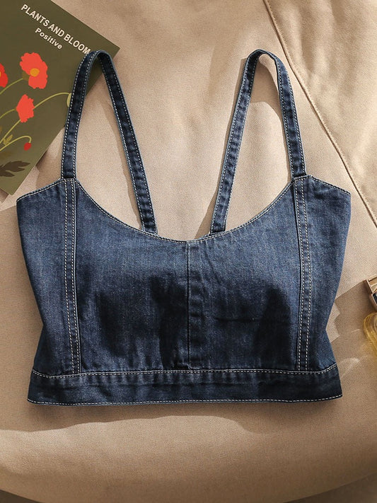 Retro denim cross camisole women's outerwear sexy beautiful back slim design sense niche short tube top top