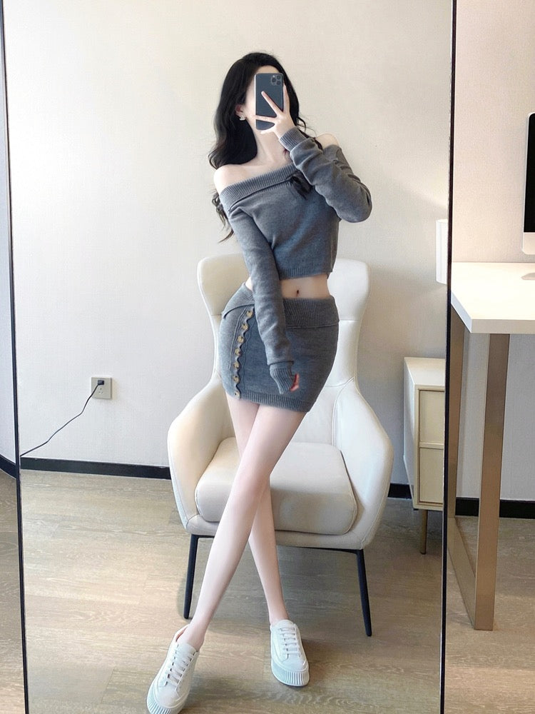 Knitted suit women's two-piece suit 2023 spring and autumn new temperament ladies one-shoulder hot girl sexy bottoming sweater skirt