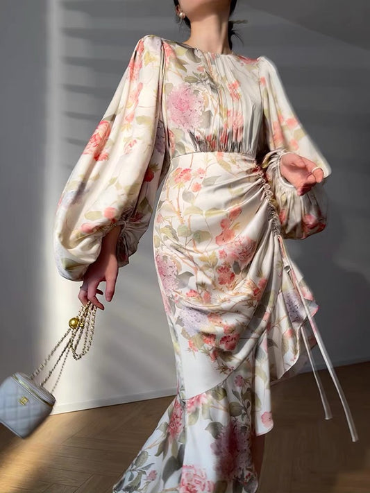 Aconiconi｜French print niche high-end design lantern sleeve dress with fishtail wrap hip dress