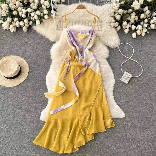2022 summer new ladies temperament irregular light familiar style waist slim design sweet pleated dress