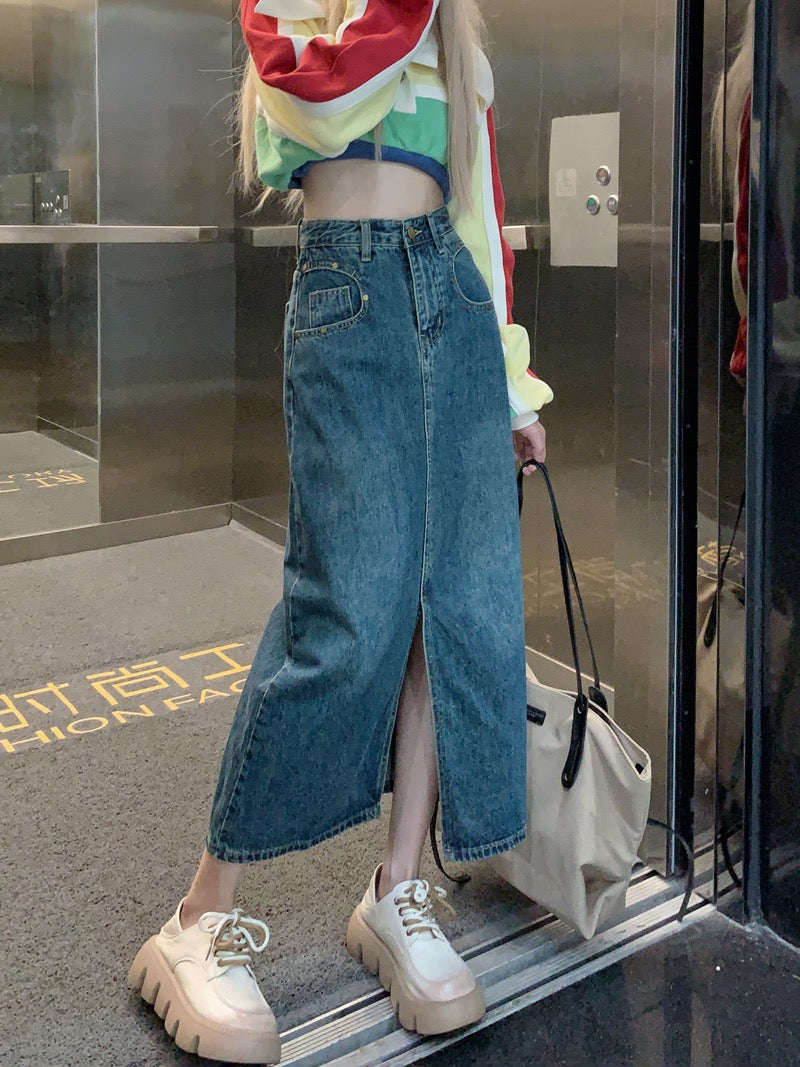 Retro denim skirt design sense slit skirt women's spring small A-line skirt mid-length skirt skirt