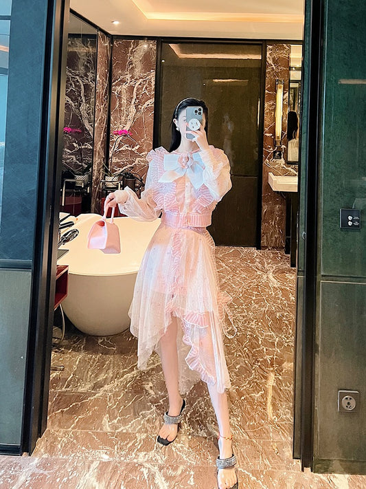 BETTER LS Sweet Suit Skirt Women's Autumn Design Sense of Sunscreen Mesh Shirt Skirt Explosive Two-piece Set