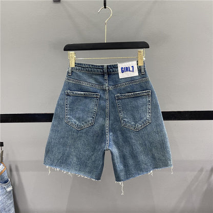 Retro washed blue denim five-point pants women's 2023 summer new high waist and slim A-line wide-leg pants