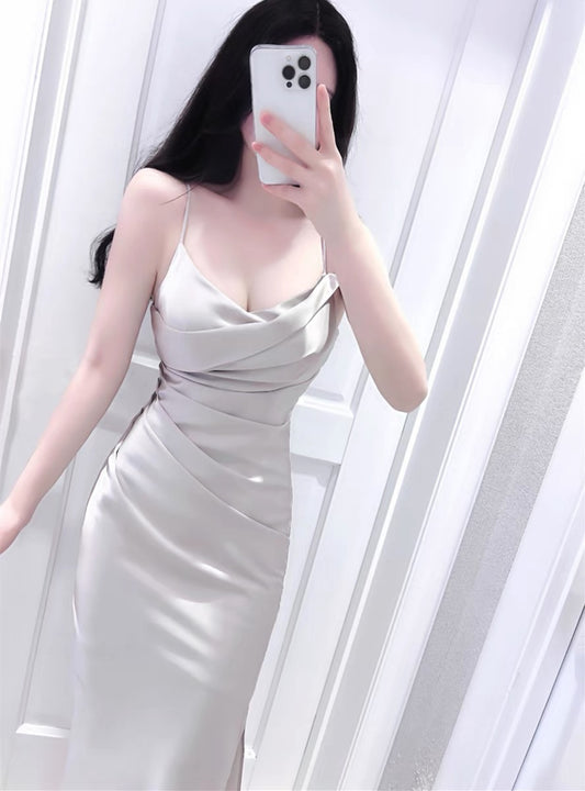Silver gray mid-length satin temperament waist V-neck suspender dress