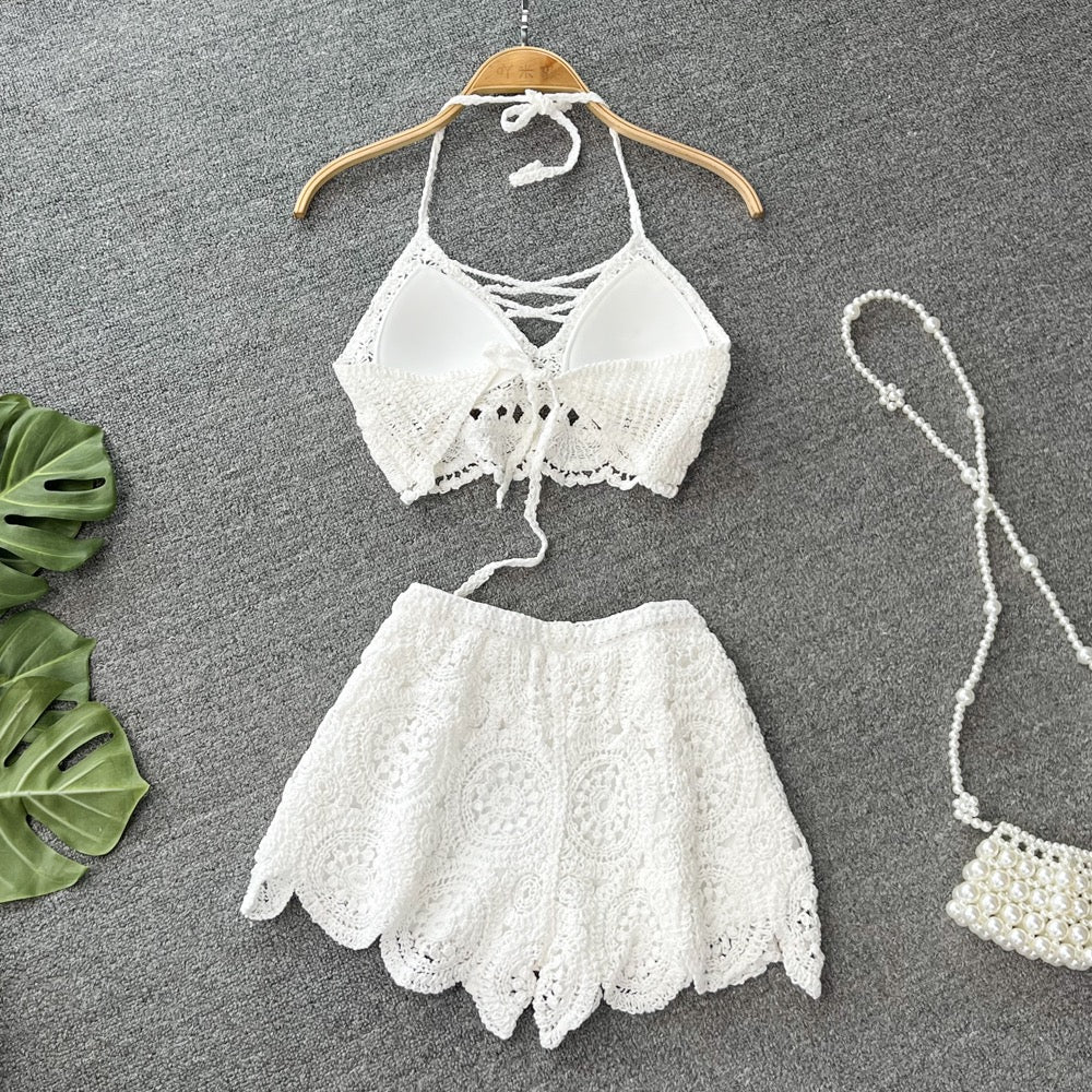 Seaside holiday suit female sexy holiday hollow knit halter neck halter vest two-piece set high waist wide leg shorts