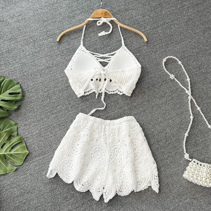 Seaside holiday suit female sexy holiday hollow knit halter neck halter vest two-piece set high waist wide leg shorts