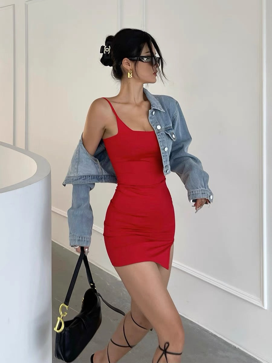 Jingye sexy suspender dress female 2022 summer temperament self-cultivation slimming bag hip side split one-step skirt short skirt