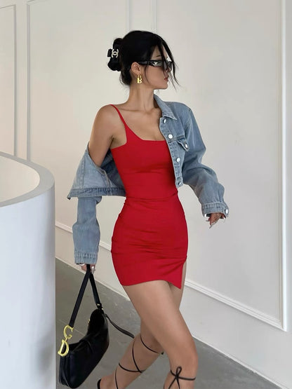 Jingye sexy suspender dress female 2022 summer temperament self-cultivation slimming bag hip side split one-step skirt short skirt