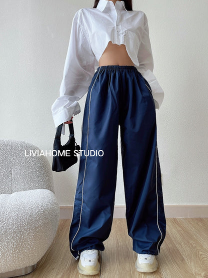 liviahome American retro high waist all-match sports casual pants women's loose slimming sports pants trousers