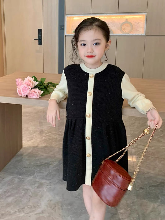 Original Girls Gold Silk Thread Long Sleeve Dress Autumn 2022 New Children's Small Fragrance Princess Skirt Wool Skirt