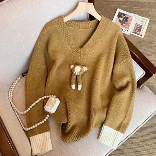 Retro Lazy Wind Loose Pullover Soft Waxy Bear Sweater Women's Autumn New Small Contrast Color V-neck Knitted Top