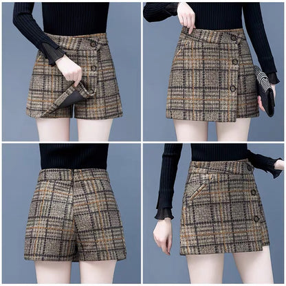 Woolen shorts women's autumn and winter 2022 new high-waist fake two-piece culottes outerwear fashion explosive plaid boot pants