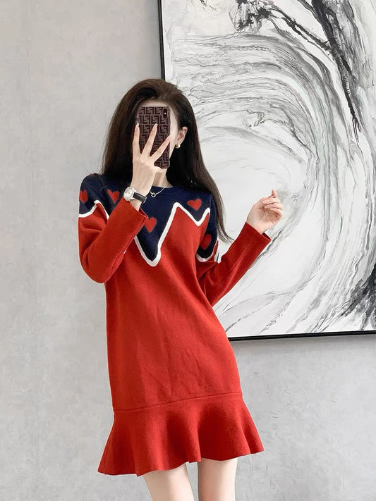 Red knitted bottoming dress small winter new design small inner sweater skirt autumn women