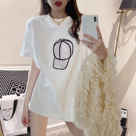 2023 new summer dress black t-shirt women hot diamond big love loose pure mid-length round neck short-sleeved top ins tide